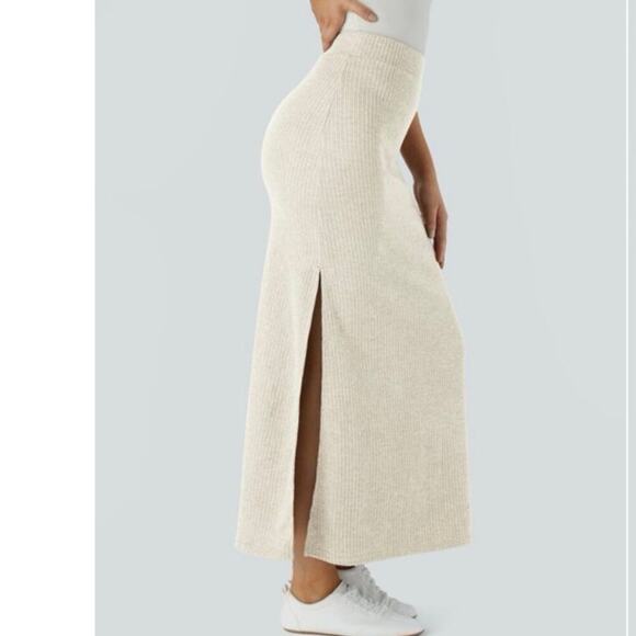 Halara Ribbed High Waisted A-Line Maxi Skirt Whisper White Beige Small NWOT - Picture 4 of 8